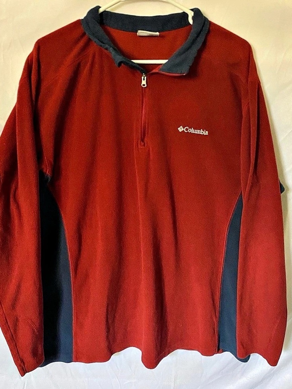Columbia 1/4 Zip Fleece Jacket Men XXL Red Navy Colorblock Pullover Sweatshirt